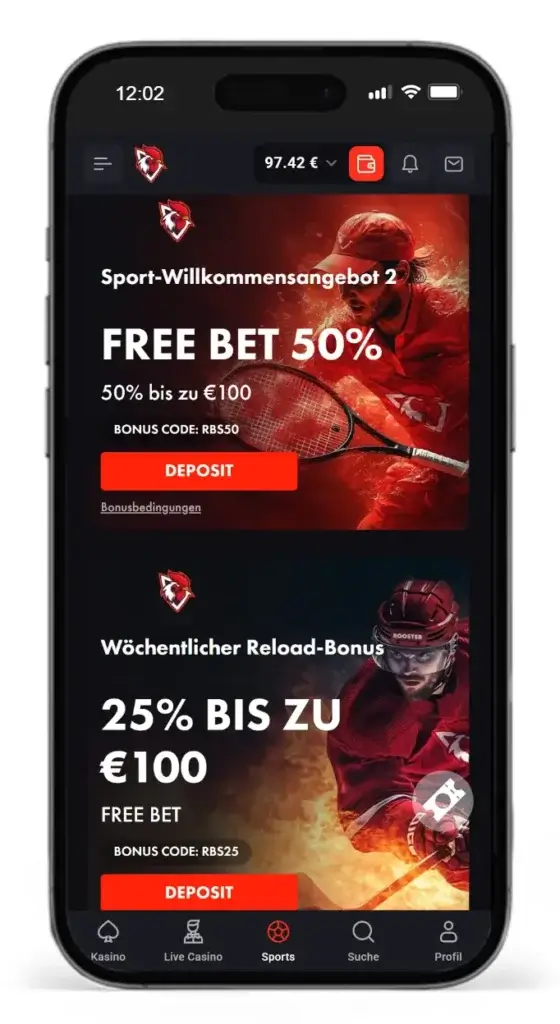 Der Einzahlungsbonus Angebotscode fuer Sportwetten von Roosterbet lautet RBS50