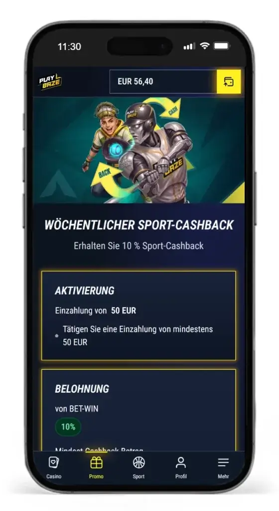 Woechentlicher Cashback Bonus fuer Sportwetten bei Playbaze