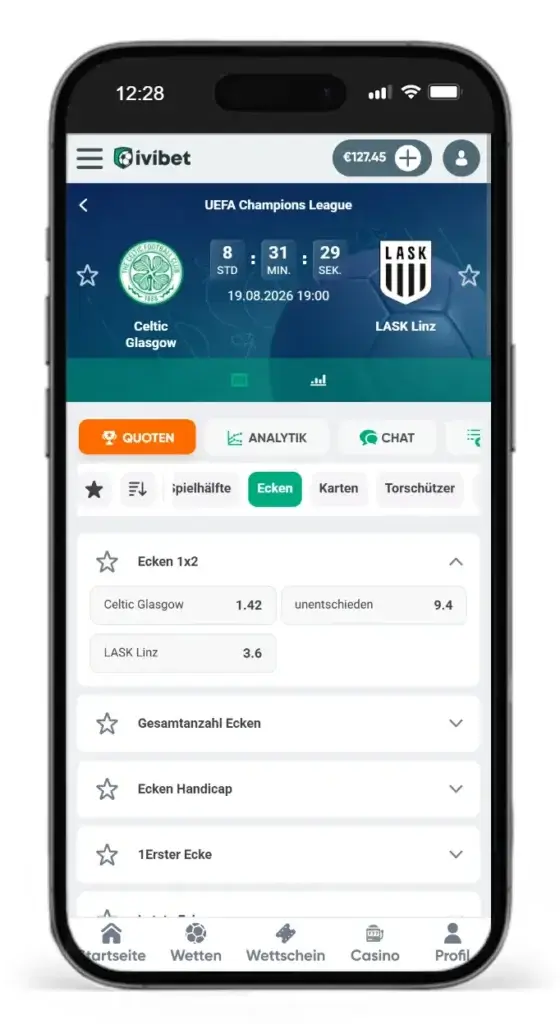 Ecken Wetten auf ein Spiel in der Champions League bei Ivibet