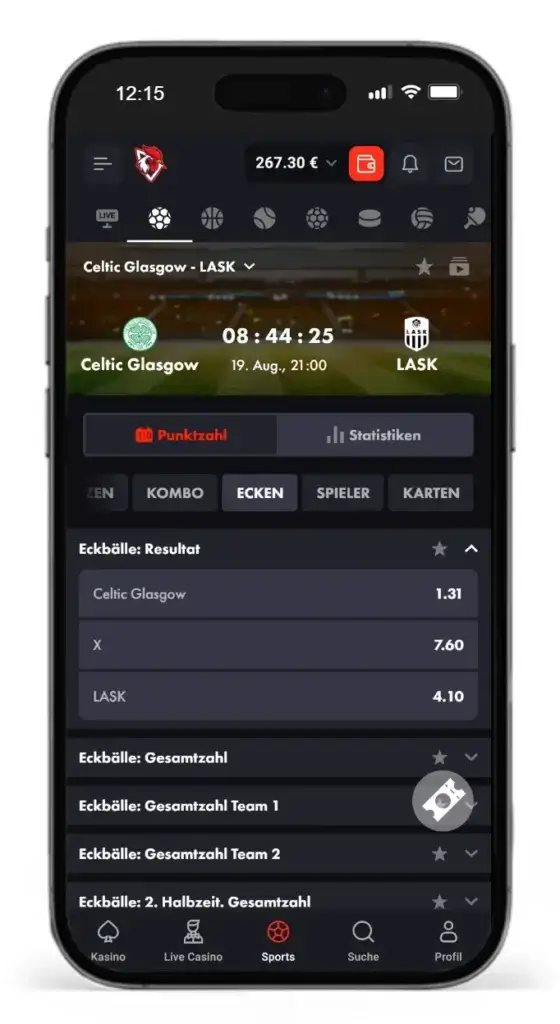 Auswahl an Ecken Wetten bei RoosterBet