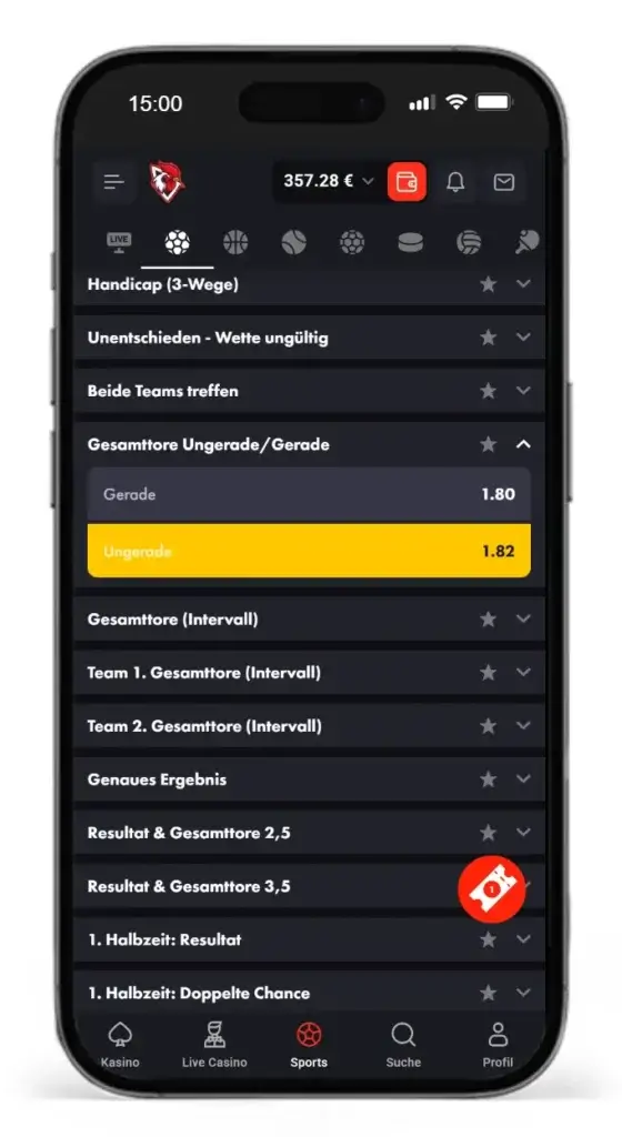 Gerade Ungerade Wetten bei RoosterBet auf die Gesamttore bei einem Fussball Bundesliga