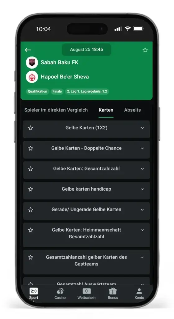 Auswahl an Karten Wetten auf ein CL Fussballspiel bei Leonbet