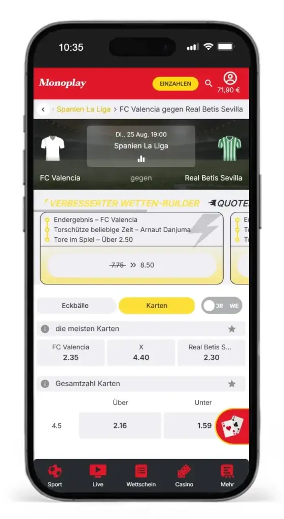 Karten Wetten auf die Anzahl an Karten in einem Fussballspiel bei Monoplay