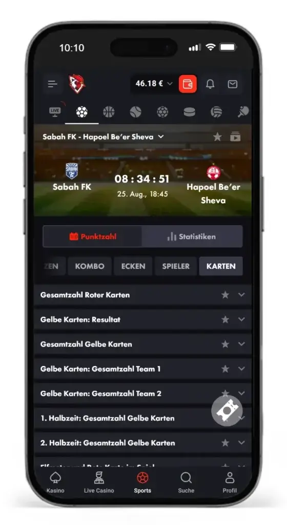 Optionen an Karten Wetten von RoosterBet auf ein Champions League Fussballspiel