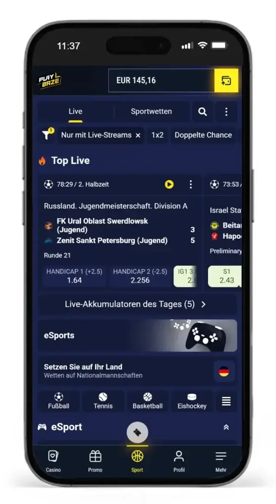 Livewetten Programm von Playbaze