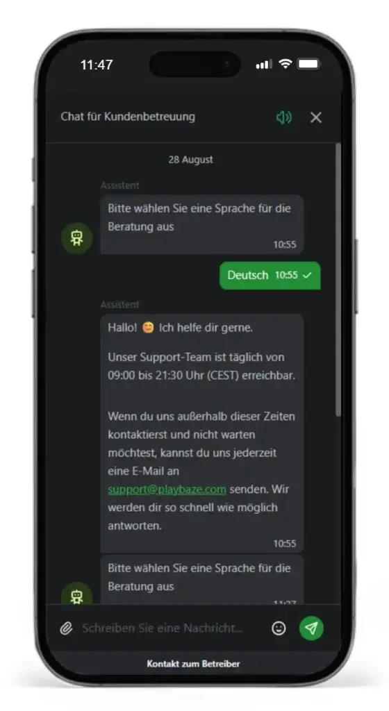 Playbaze Kundenbetreuung im Live Chat