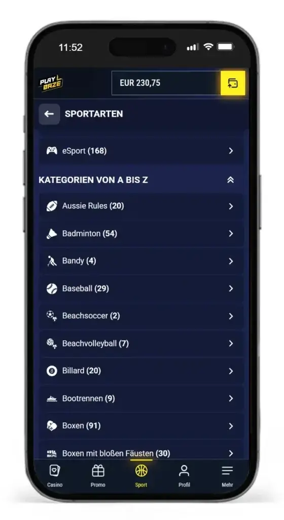 Auszug aus den verfuegbaren Sportarten fuer Online Sportwetten bei Playbaze