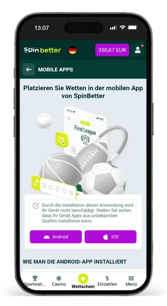 Mobile App von Spinbetter fuer iOS und Android