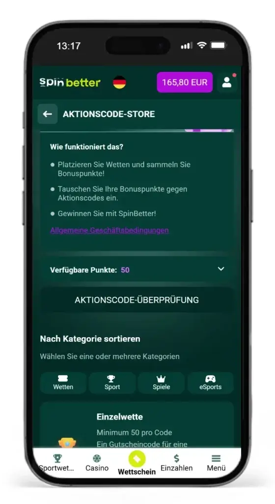 Aktionscode-Store fuer zusaetzliche Bonusse von Spinbetter