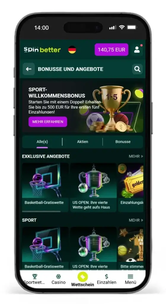 Willkommensbonus fuer Sportwetten von Spinbetter