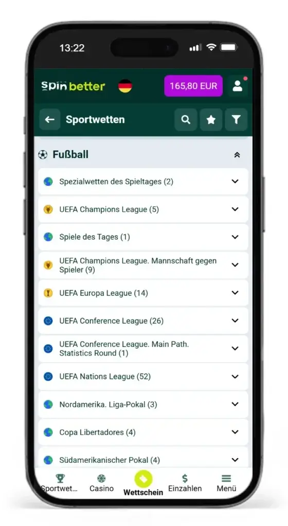 Auszug aus dem Wettprogramm fuer Fussball Wetten bei Spinbetter