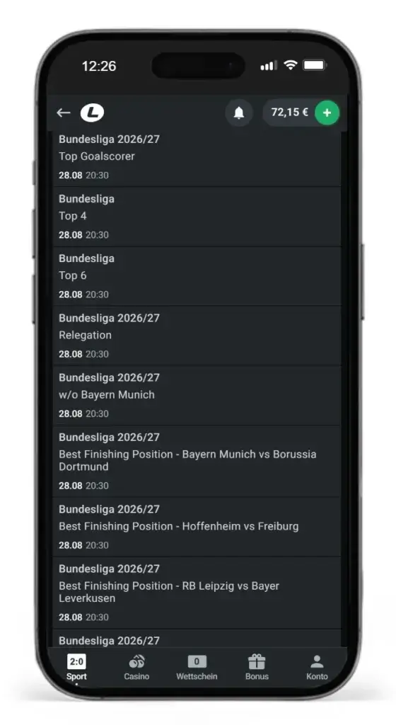 Bundesliga Wettprogramm vom Testsieger Leonbet fuer Trainerwetten