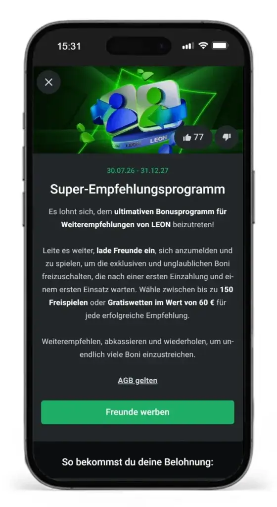 Testsieger Wettanbieter mit Freundschaftsbonus Leonbet
