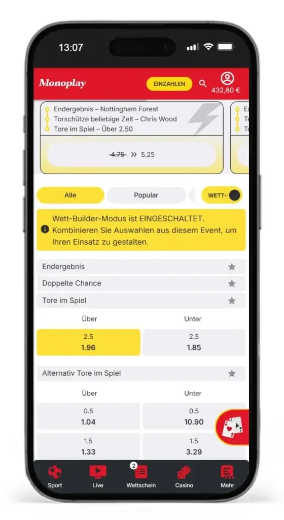 Testsieger fuer Ueber Unter Wetten inklusive Bet Builder ist Monoplay