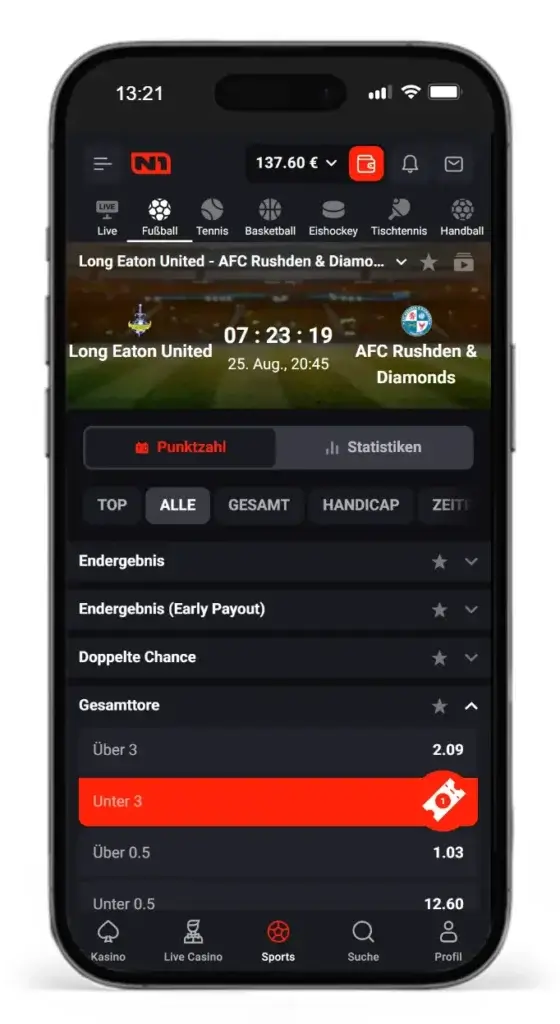 Auswahl an Ueber Unter Wetten bei N1Bet auf die Gesamtanzahl der Tore