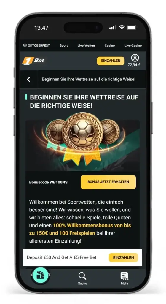Sport Willkommensbonus von 1Bet, einem der besten Wettanbieter aus dem Sportwetten Vergleich.