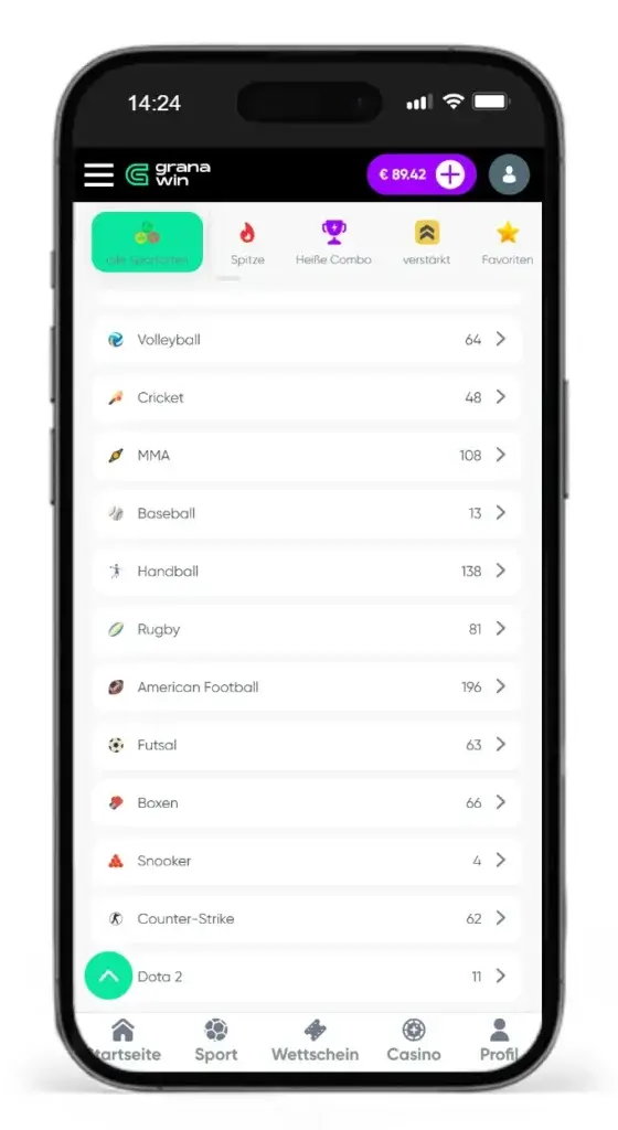 Auszug aus den verfuegbaren Sportarten fuer Online Sportwetten beim neuen Wettanbieter GranaWin