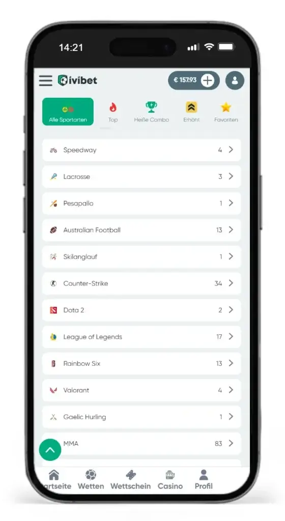 Auszug aus den Sportarten fuer Wetten ohne deutsche Lizenz bei Ivibet