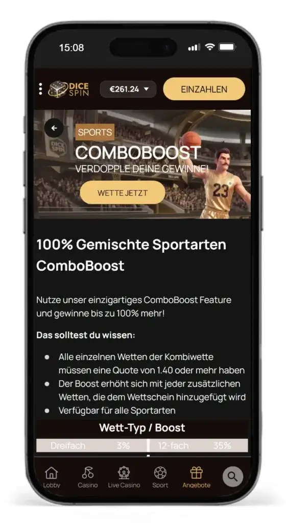 Kombiwetten Boost fuer Sportwetten bei DiceSpin