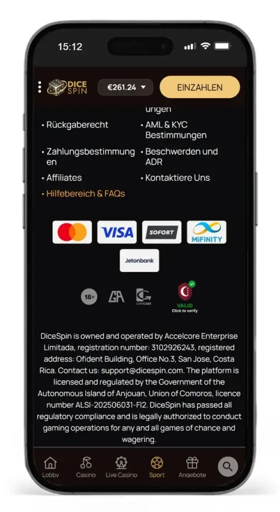 Footer des Wettanbieters DiceSpin mit Angaben zur Lizenz und dem Betreiber