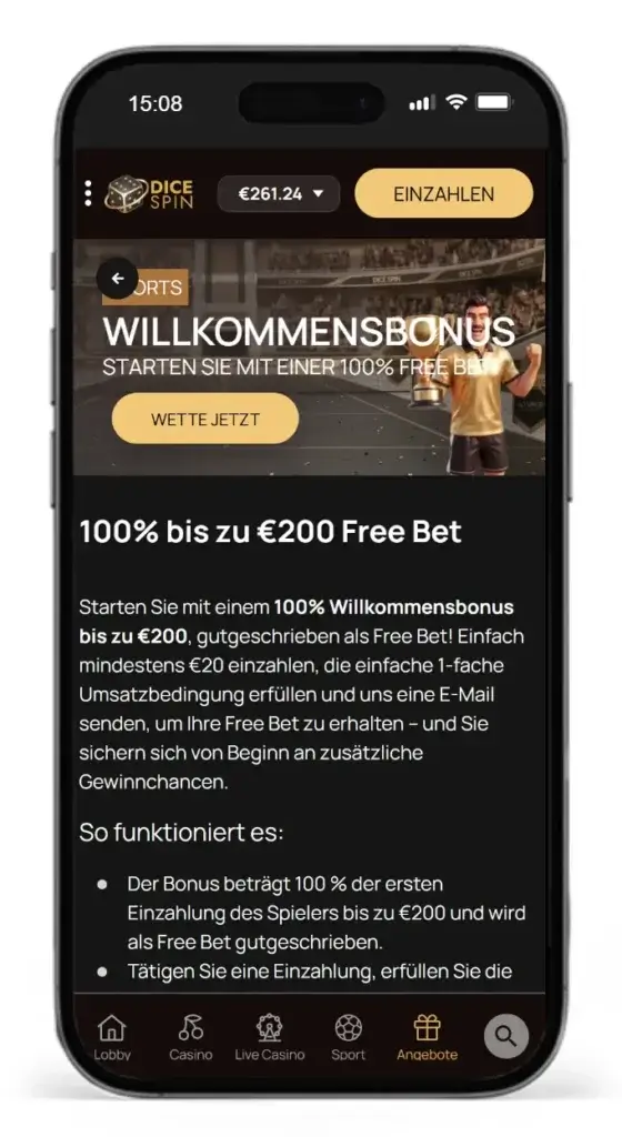 Willkommensbonus von DiceSpin fuer Sportwetten