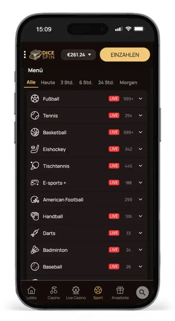 Verfuegbare Sportarten fuer Online Wetten bei DiceSpin